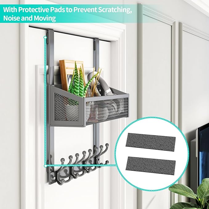 HapiRm Over The Door Hooks - Easy Installation Door Hanger with Basket and 16 Hooks, 304 Stainless Steel Storage Organizer fo