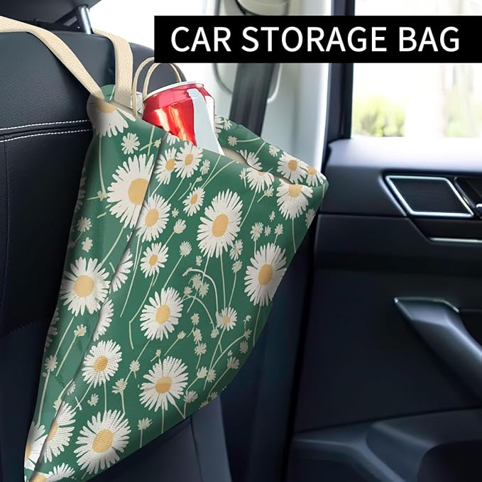 Car Trash Can, Cute Car Trash Bag, Hanging Car Organizer and Storage Bag, Trash Bin for Car Accessories, Vehicle, Travelling, Camping White Green Floral