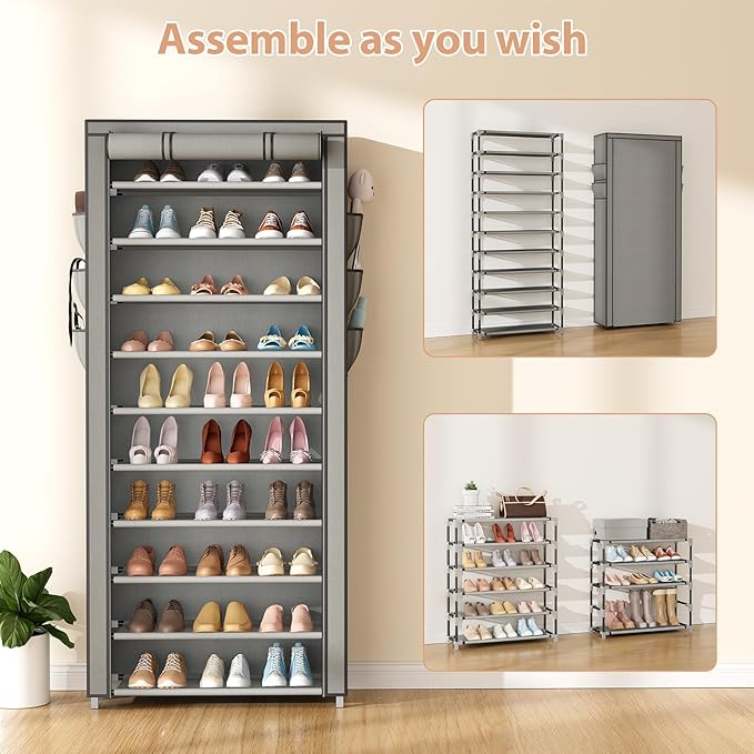 VTRIN Vertical Narrow Shoe Rack Organizer Tall Shoe Rack for Closet Entryway 10 Tier Non-Woven Cover Shoe Shelf Holds 36-41 P