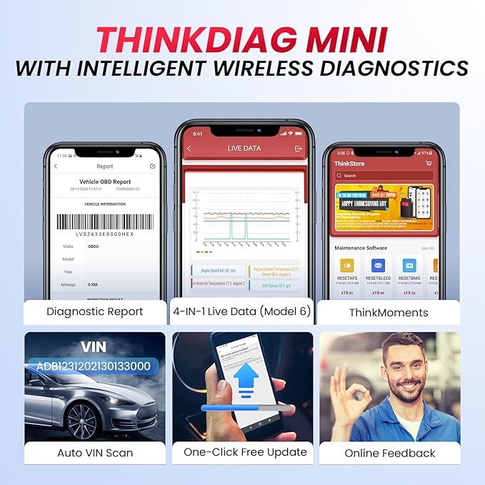THINKCAR Thinkdiag Mini Bluetooth OBD2 Scanner Diagnostic Tool, OE Full-System Car Scanner for iOS & Android, Check Engine