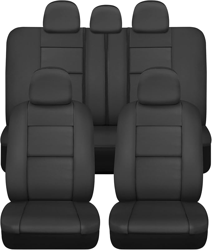BDk Faux Leather Car Seat Cover Full Set - Front & Rear Split Bench Black Seat Covers For SUV & Truck Seat Covers, Airbag Com
