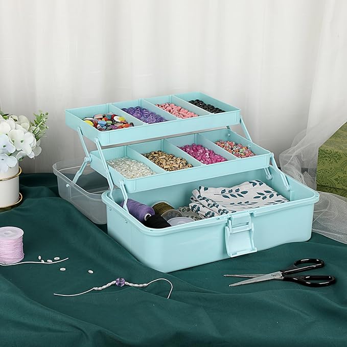 BTSKY 3-Layer Plastic Dividing Storage Box Craft Organizer and Storage with Adjustable Spacers Portable Handled Art Supply Or