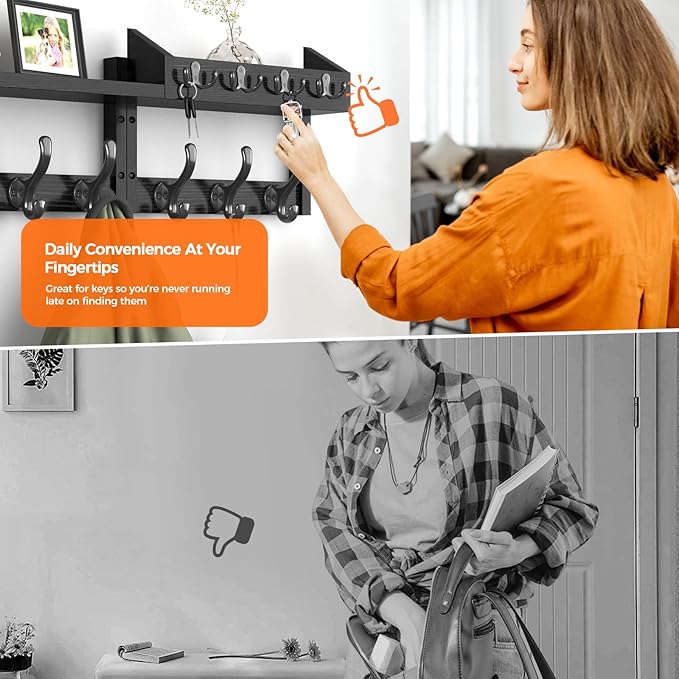 Evermagin 29" Coat Rack Wall Mount with Shelf, 4 in 1 Wall Mounted Coat and Key Hanger with 11 Hooks, Entryway Key Holder wit