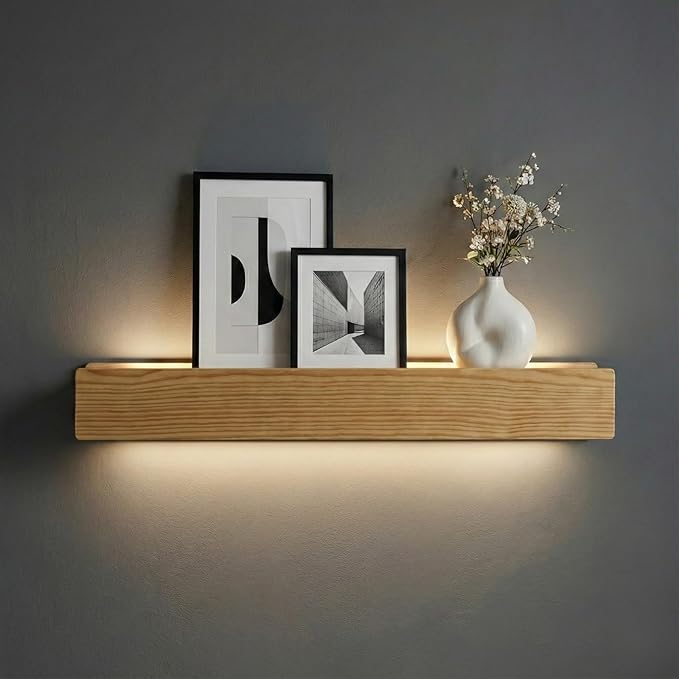 24" Natural Wood LED Floating Shelf, Heavy Duty Solid Pine Decorative Wall Mounted Shelf with Soft Ambient Lights, Minimalist