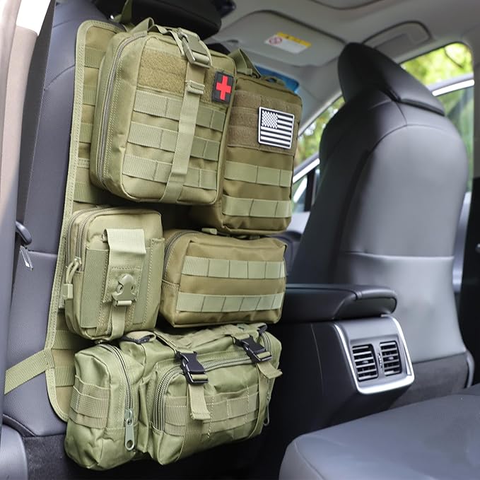 tactical car seat back organizer and storage truck seat covers with a Molle Vehicle Panel and 5 Different Size Molle Pouches for most models such as Jeep,SUV,Pickup (Army green)