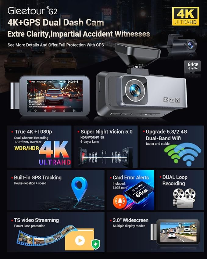 Dash Cam Front and Rear, 4K HDR Dash Camera for Cars, 3" IPS Screen Dash Cam Built-in GPS with 5.8G WiFi UHD Night Vision Fre