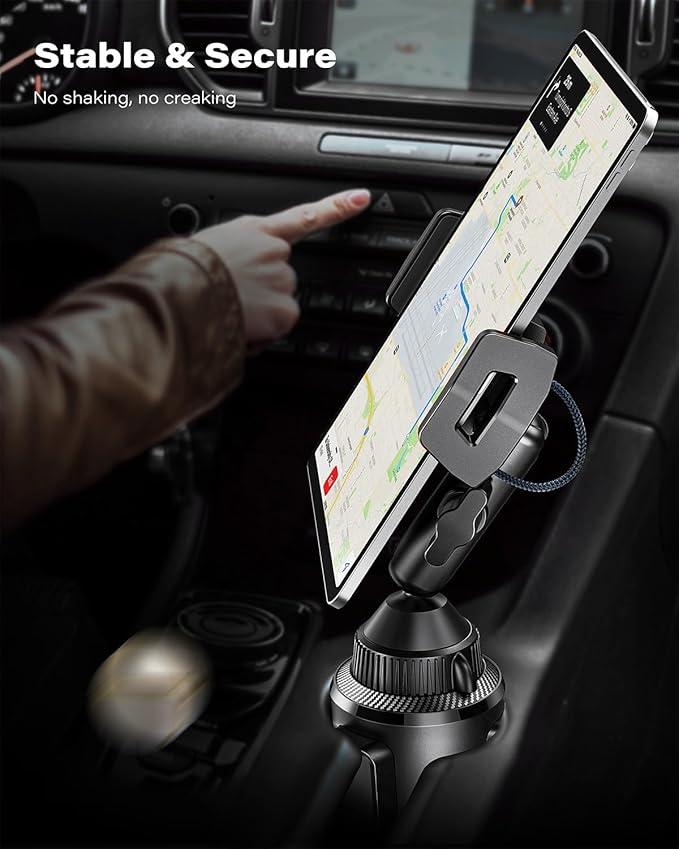 APPS2Car iPad Cup Holder Mount, Adjustable Alloy Arm for Car, Tablet Mount Road Trip Essentials Compatible With 4.7"-12.9" Cell Phones & Tablets