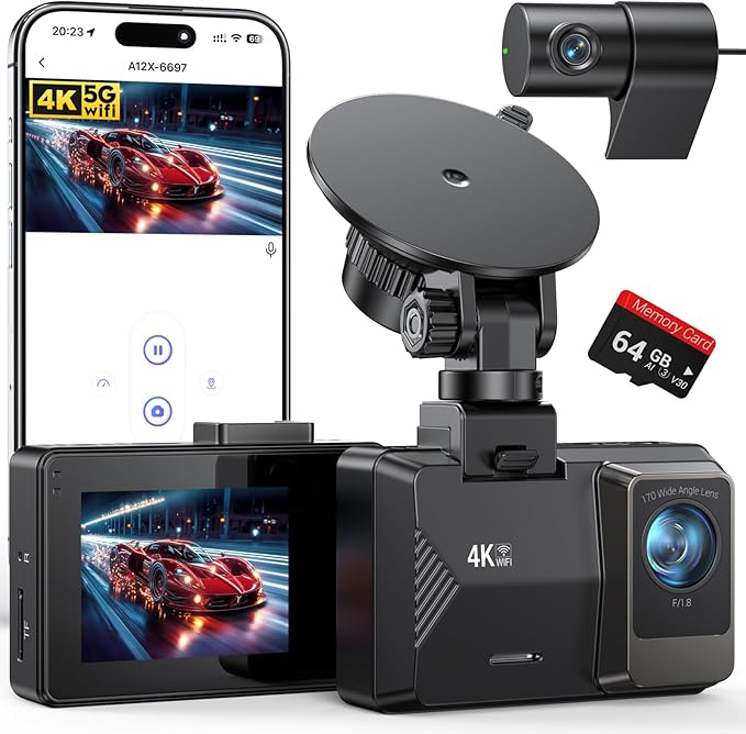 4K Dash Cam Front Rear, Dual Channel Dash Cams with 64GB Card 4K+1080P, Dash Camera for Cars with 5G WiFi, APP Control,2.0" I