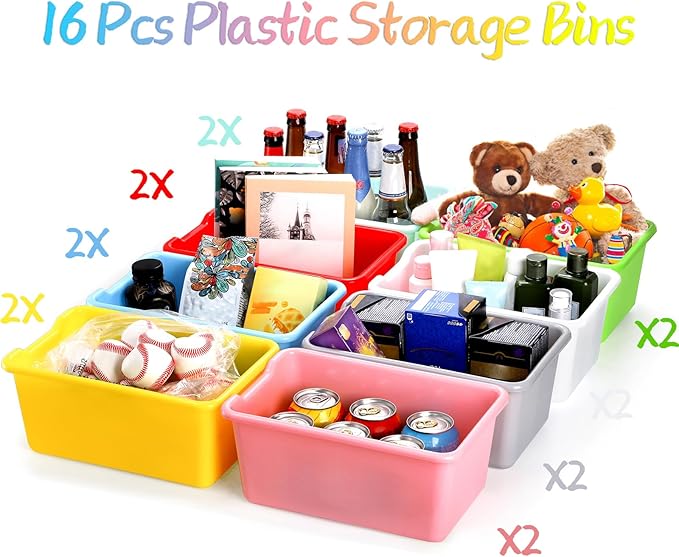 WUWEOT 16 Pack Cubby Bins Classroom Toys Bins, Plastic Books Storage Bins, Easy-to-Grip Stackable Crafts Organizer for Classr