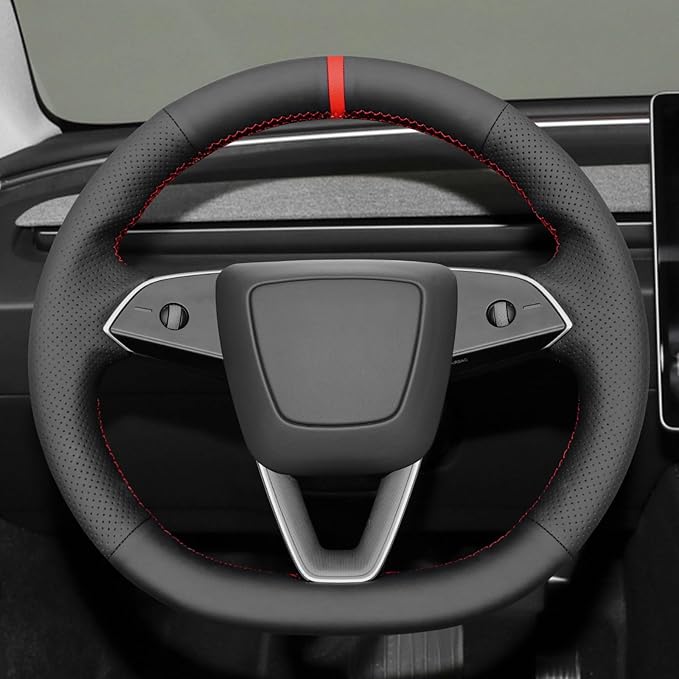MEWANT Hand Stitched Matte Carbon PU Leather Steering Wheel Cover Wrap for Tesla Model 3 Highland 2023 2024 2025 Steering Wheel Accessories Real Leather
