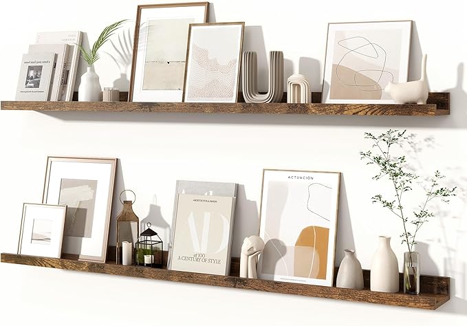 Fun Memories Picture Ledge Shelves Set of 2, 48 Inch Rustic Wall Mounted Floating Shelves with Lip for Home Storage and Décor