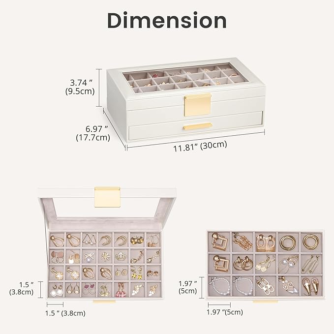 Lolalet Earring Storage Box Case with Glass Top, Large Earring Jewelry Holder Organizer Display with Drawer and Grid, Gifts f