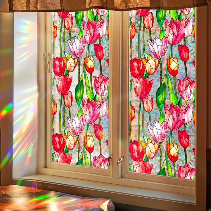 JOONOR Retro Tulip Flowers Window Privacy Film,Stained Glass Decals Colorful Floral Privacy Rainbow Decals Living Room Sun Blocking Decor Removable Static Cling Stickers,16.93 x 39.37 Inch