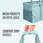 Extra Large Utility Tote Bag - Oversized Collapsible Reusable Wire Frame Rectangular Canvas Basket With Two Exterior Pockets For Beach, Pool, Laundry, Car Trunk, Storage - Light Blue