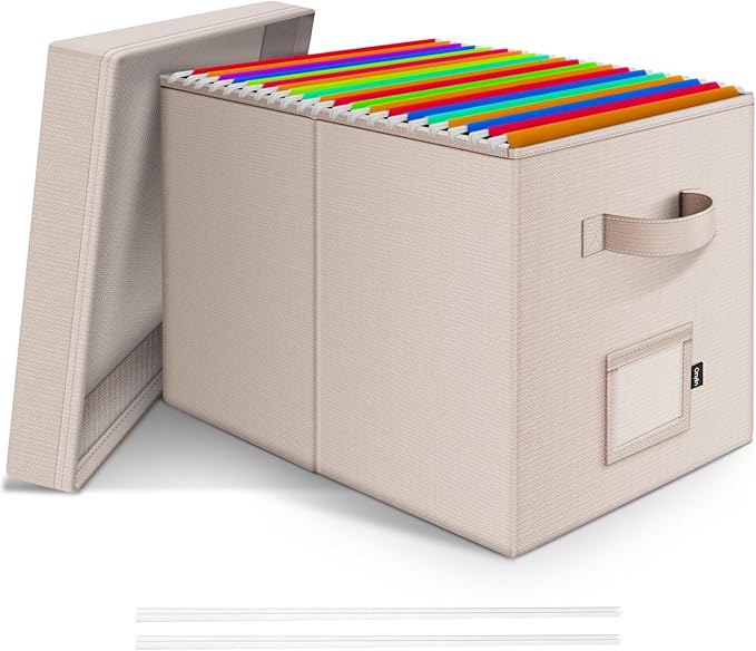 File Organizer Box with Lid, Linen Hanging File Storage Box with Handle, Collapsible Document Filling Box for Letter/Legal Fo