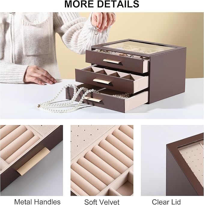 Frebeauty Clear Lid Jewelry Box,3-Layer Jewelry Organizer with Drawer,PU Leather Jewelry Organizers and Storage,Jewelry Boxes