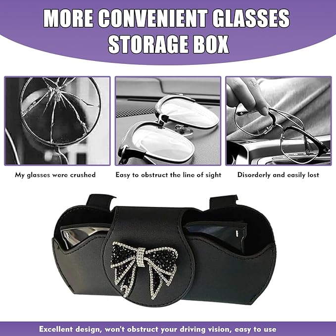 Bling Car Sunglass Holder, Rhinestone Bow Visor Storage Case for Sunglass Receipt Ornament, Soft Lining Anti-scratch Holder Clip, Interior Organizer Accessory for Cars (Black)