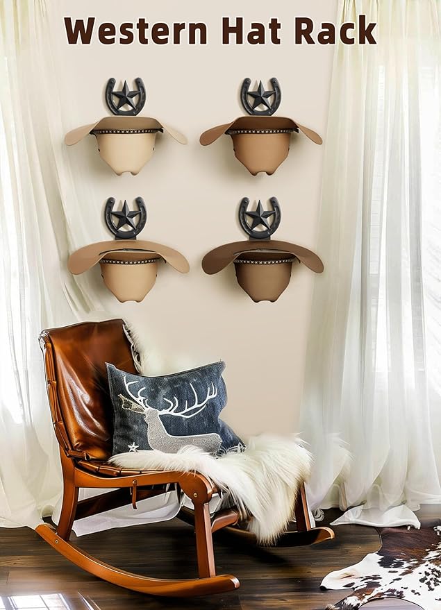 Cowboy Hat Holder Wall Mount for Wide Brim Hats Rustic Horseshoe Hooks with Texas Star Metal Hat Hanger Organizer for Closet 