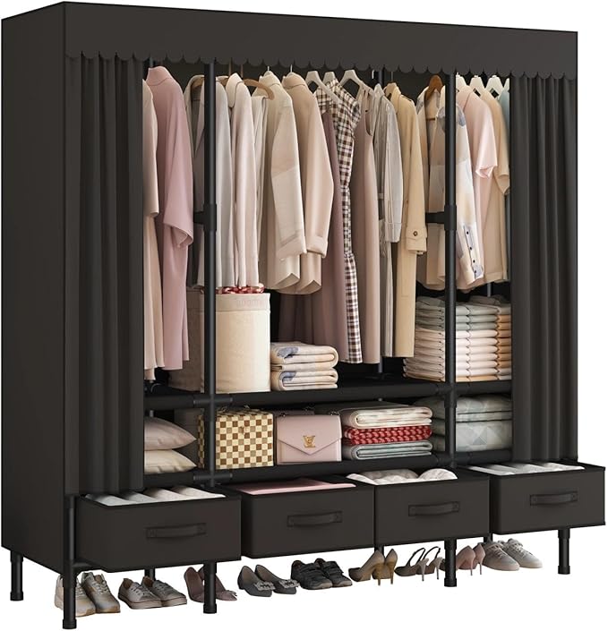 Portable Closet,Garment Rack,Heavy Duty Clothes Rack with Cover,Wardrobe Closet with 3 Hanging Rods, 6 Storage Shelves and 4 
