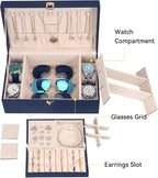 LANDICI Jewelry Box Organizer for Men Women, 2 Layer 4 Slot Watch Storage Case with Removable Tray, PU Leather Large Jeweller