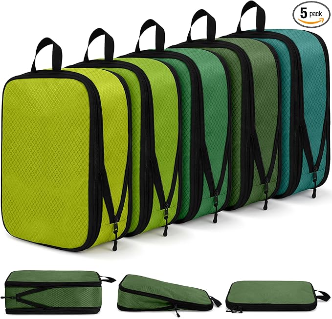 5 Pack Compression Packing Cubes for Travel Space Saving Cubes Luggage Organizer for Suitcase(Green,M)