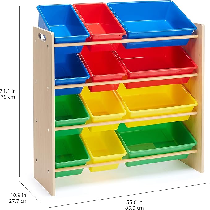 Amazon Basics Kids Toy Storage Organizer With 12 Plastic Bins, Natural Wood, Multicolor, for Bedroom and Playroom, 33.6" W x 