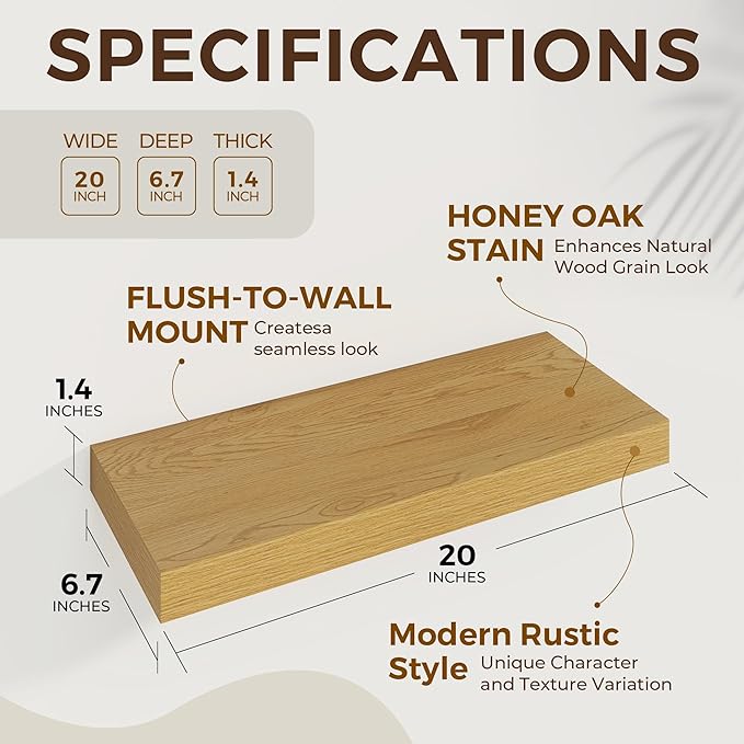 Dreamland 20 Inches Floating Shelves for Wall, 6.7 Inch Deep Floating Shelves Set of 2, Large Display & Storage Shelf, Wall S