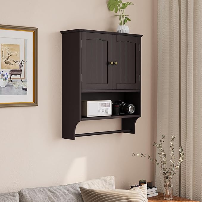 Smuxee Brown Wall Cabinet with Towel Bar - Medicine Cabinet with Adjustable Shelves, Over Toilet Cabinet for Laundry Room