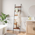 ELYKEN Blanket Ladder for Living Room, Farmhouse 6-Tier Quilt Holder with 4 Removable Hooks for Bathroom, Wood Towel Rack Dis