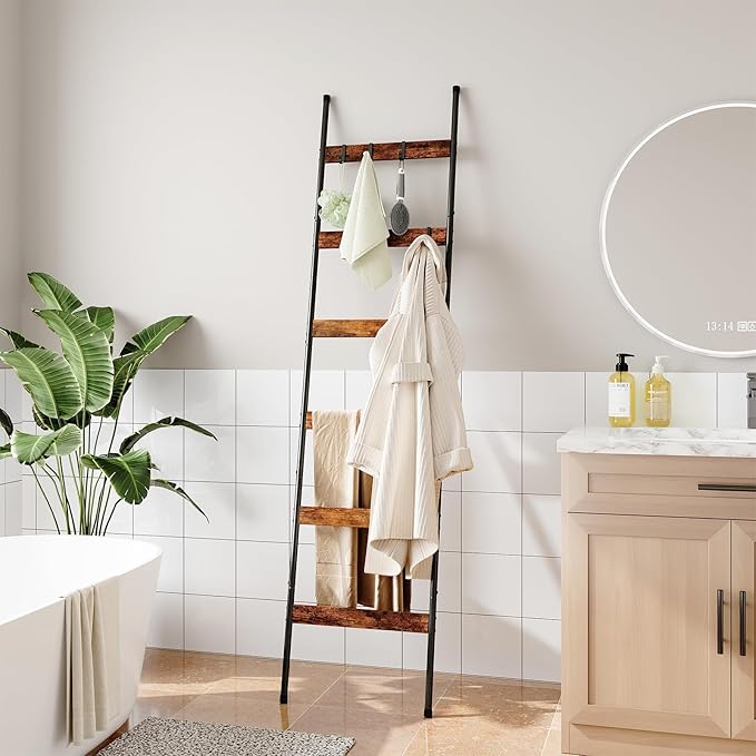 ELYKEN Blanket Ladder for Living Room, Farmhouse 6-Tier Quilt Holder with 4 Removable Hooks for Bathroom, Wood Towel Rack Dis
