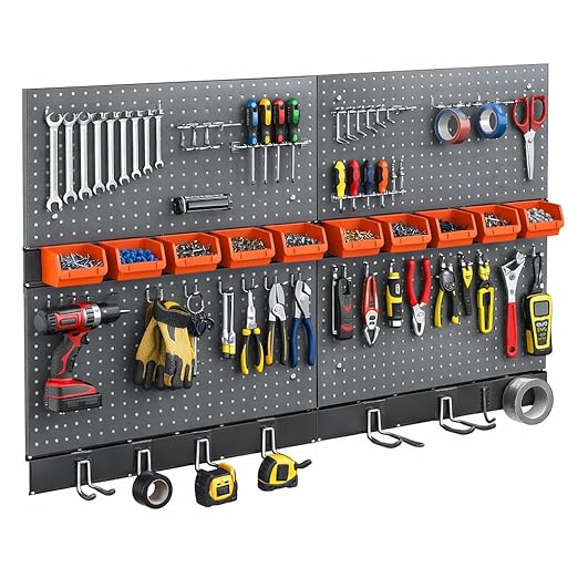 Peg Board Wall Organizer, Metal Pegboard Organizer Kit, 4 Metal Pegboard Panels(12"x24") with 64 Accessories, Wall Mount Larg