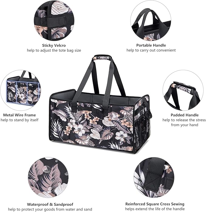 Muzale Extra Large Utility Tote Bag with Wire Frame Reusable Grocery Bags Foldable Heavy Duty Shopping Bags for Groceries Collapsible Totes with Handles for Carrying Heavy Loads Storage Car Trunk