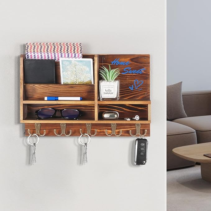 Key Holder Wall Mount, Mail Organizer Wall Mounted, Solid Wood Key Holder for Wall Living Room Entryway Home Decor, with 10 K