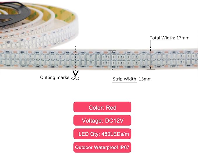 12V Red LED Strip Lights 16.4ft, Double Row 2400 LEDs Outdoor Waterproof IP67, Super Bright Dimmable Flexible Tape Lights for Bedroom, DIY, Truck, RV, and Boat Lighting