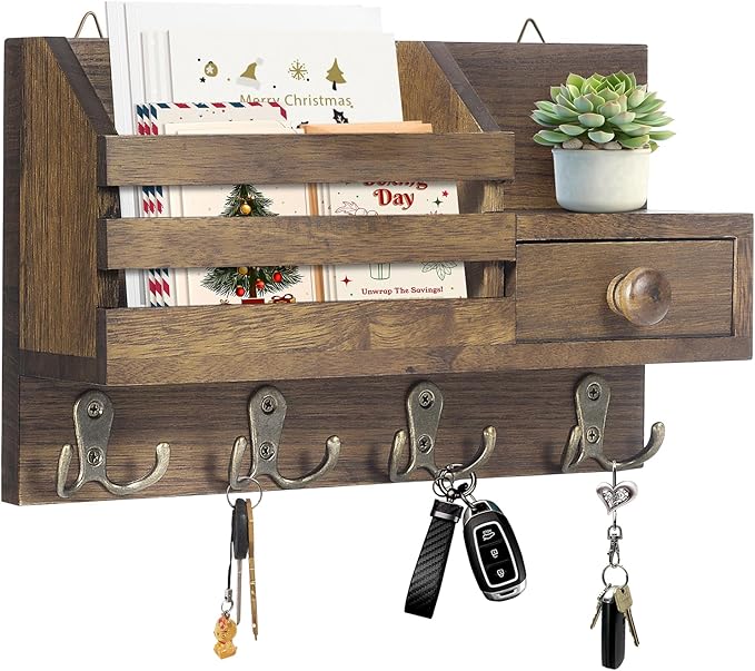 Key Holder Wall Mount, Wooden Adhesive Mail and Key Organizer with Drawer, Small Shelf, 8 Hooks, 2 Installation Methods, Brow