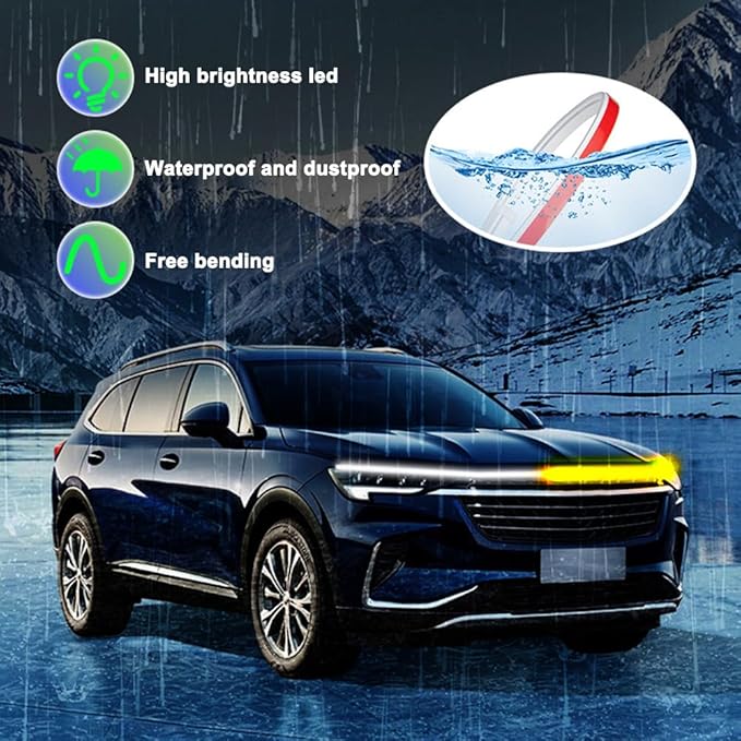 Flexible 59 Inch LED Strip Lights - Waterproof Car Hood Daytime Running Light Strip with Turn Signal for Trucks, Cars (White)