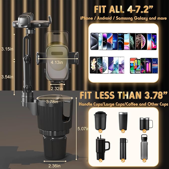 Phone Holders for Your Car, 2 in 1 Universal Cup Holder Expander Adjustable Base with Phone Mount, Long Arm with 360°Rotation