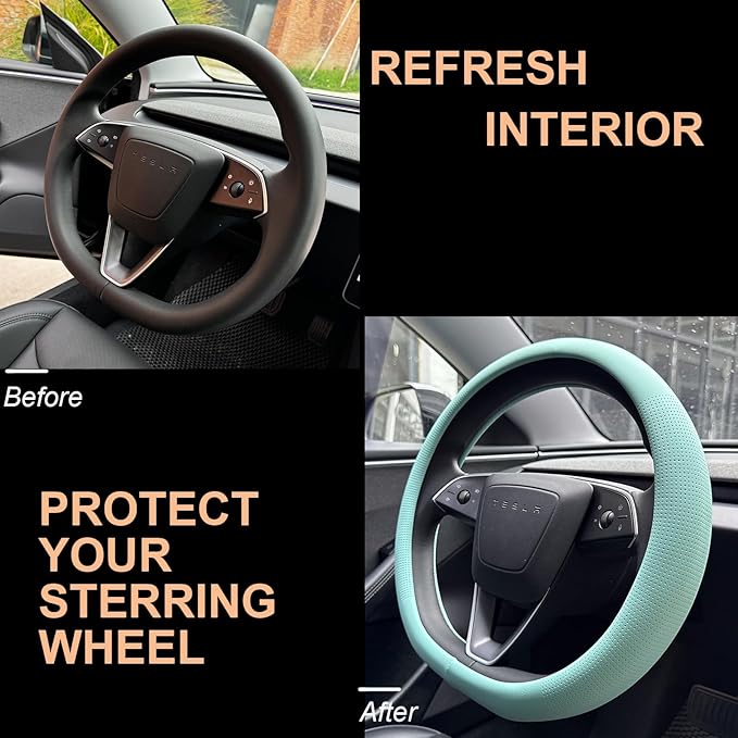 PINCTROT Nappa Leather Steering Wheel Cover for Tesla Model Y/3 Highland/Juniper, D Shaped 14 Inch Small Sized with Breathabl