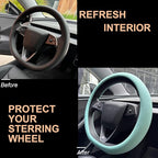 PINCTROT Nappa Leather Steering Wheel Cover for Tesla Model Y/3 Highland/Juniper, D Shaped 14 Inch Small Sized with Breathabl