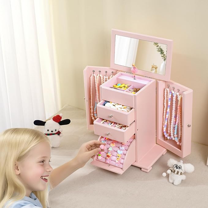 Emfogo Musical Jewelry Box for Girls, Large Kid Music Box with Ballerina for Birthday Bedroom Decor, 5 Layer Girl Jewelry Gif
