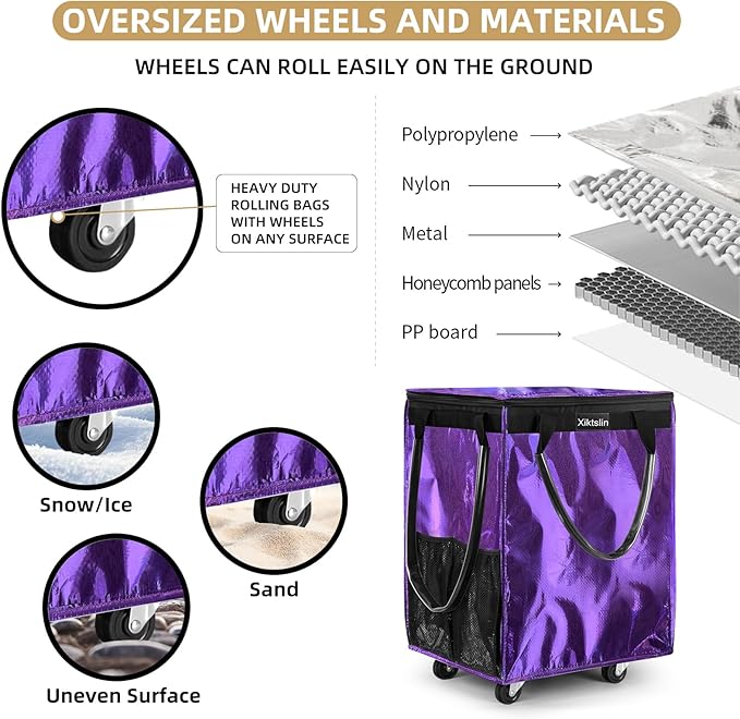 (Medium, Purple) Reusable Grocery Bag on 4 Wheels, Foldable Rolling Tote Carries Up to 66lb Shopping Trolley, Rolling Bag with 3 Handles, Zipper Clouser Rolling Tote Bag with Wheels for Laundry