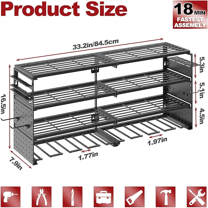 4 Tier Power Tool Organizer Wall Mount, 8 Cordless Drill Holders, 320LBS Heavy Duty Power Tool Storage Rack, Holds 50+ Tools 