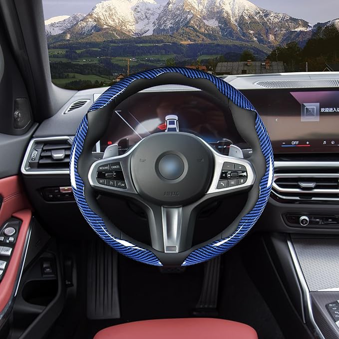 Car Steering Wheel Cover Set Bright Carbon Fiber Wrap Non-Slip 3pcs Steering Wheel Accessories 14.5-15 inch Universal (Blue)