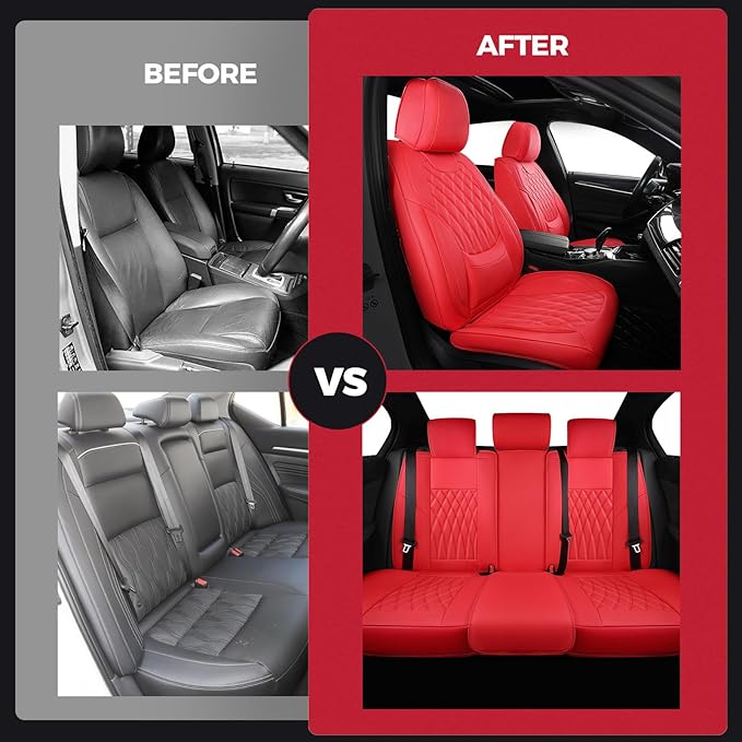 FREESOO Red Car Seat Covers Full Set - Faux Nappa Leather Seat Covers for Cars, Ultra Breathable Waterproof Front Seats Prote