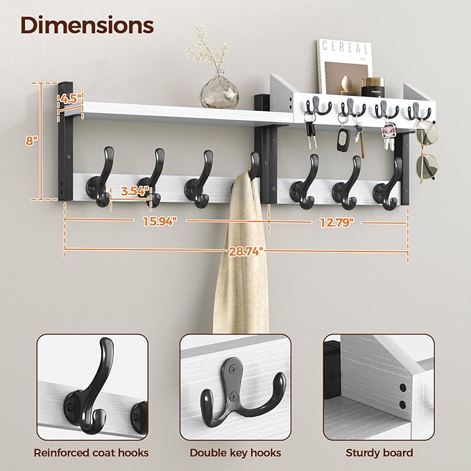 Evermagin 29" Coat Rack Wall Mount with Shelf, 4 in 1 Coat and Key Hanger with 11 Metal Hooks, Entryway Wall Mounted Shelf wi