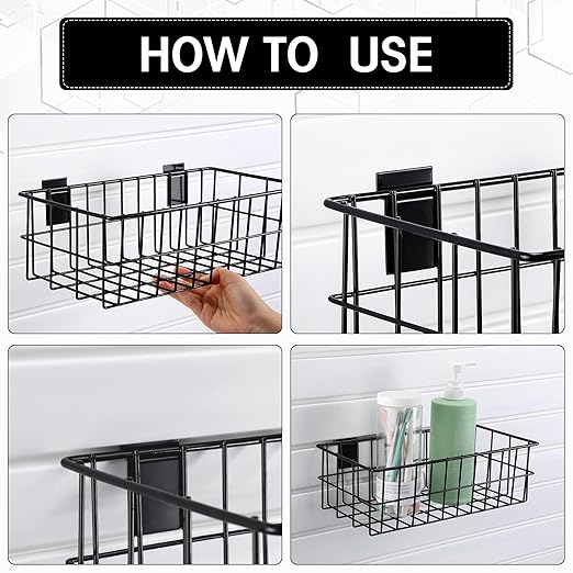 Hicarer 2 Pcs Slatwall Wire Baskets 13.5 x 7.5 x 4.5 Inch Metal Mounted Wall Organizer Basket Ventilated Hanging Slatwall Acc