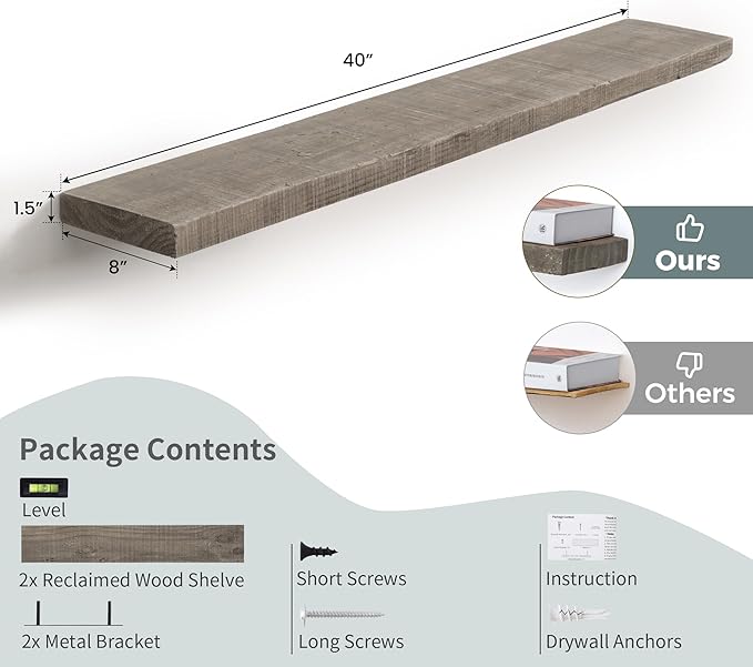 44 Inch Long Solid Wood Floating Shelves for Wall,Reclaimed Wood Wall Shelf for Storage,8 Inch Deep Heavy-Duty Wall Mounted S