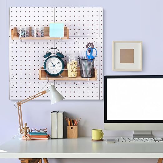 Marsui 2 Pcs Wooden Pegboard Shelf with Acrylic 12.2 x 3.94 Inch Wood Display Shelves Brackets with Metal Hooks Heavy Duty Pe