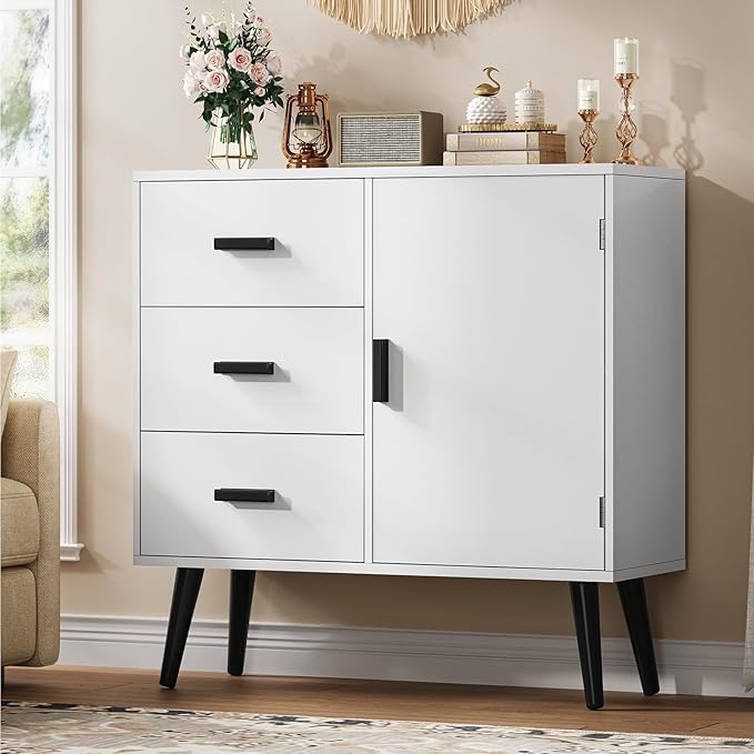 Iwell Storage Cabinet with 3 Drawers, Sideboard Buffet Cabinet with Adjustable Shelf, Freestanding Floor Storage Unit for Liv