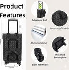 2-in-1 Foldable Shopping Bag with Wheels, Foldable Shopping Cart with Telescopic Handle, Reusable Eco-Friendly Shopping Bag for Women & Senior(Black Checkered Pattern)